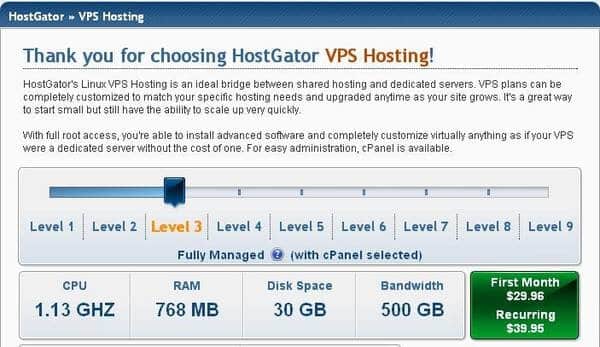 Hostgator VPS Hosting Plan with 768 MB RAM