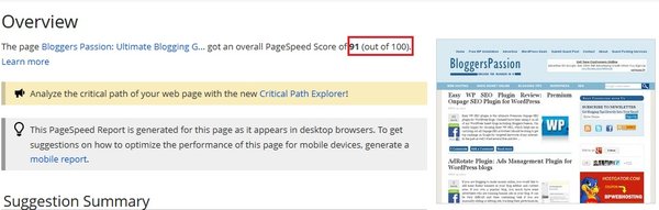 Google Developer Page Speed Score for Bloggers Passion