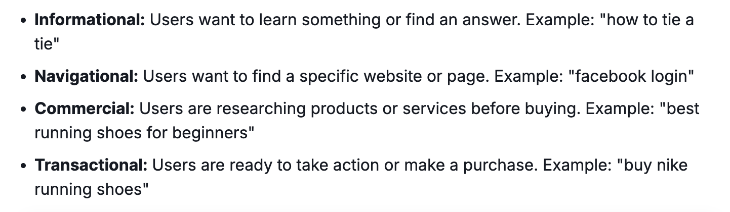 4 types of search intent involved in keyword research process