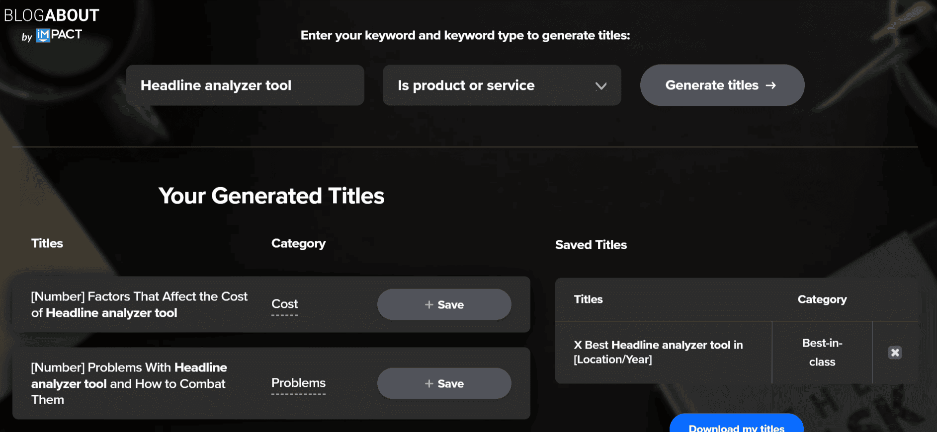 Blog Title Generator by BlogAbout Impact