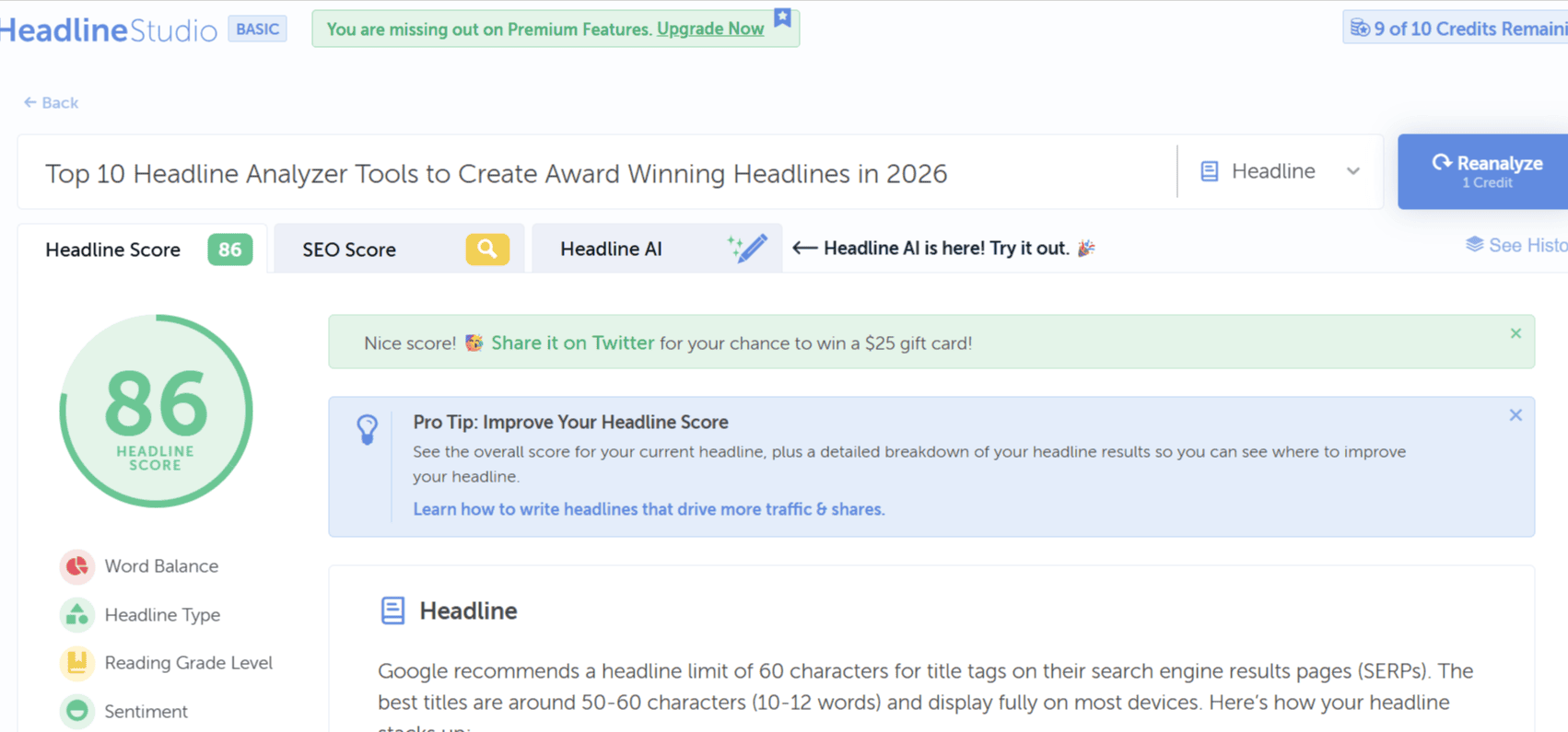 Headline Studio By CoSchedule Score