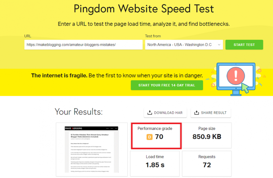 pingdom test 1 results - situation before installing a w3 total cache plugin