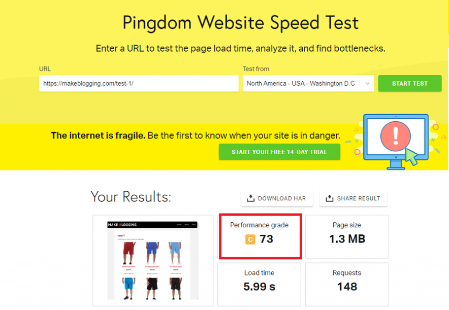pingdom test 2 results - situation before installing a w3 total cache
