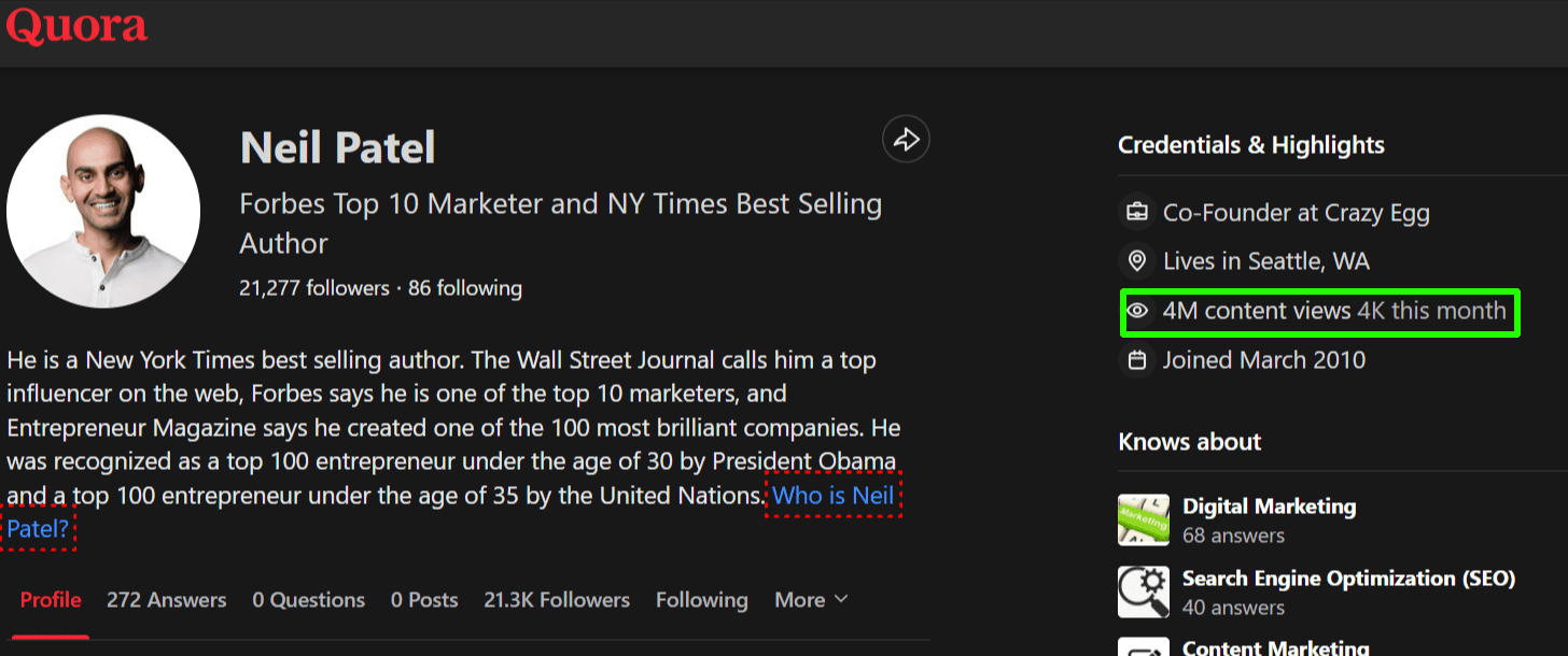 All time views of Neil Patel Quora profile 