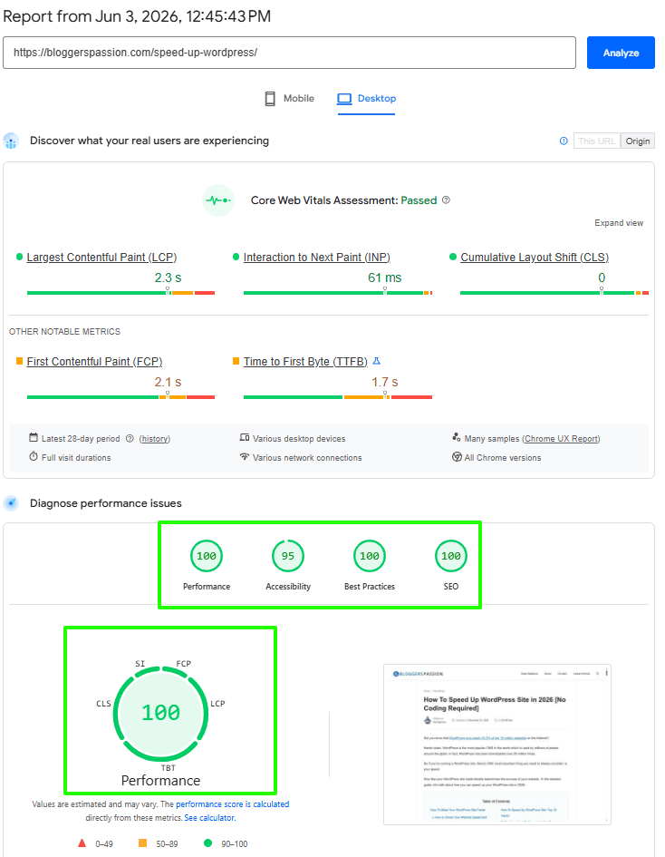 Bloggerspassion core web vitals scores