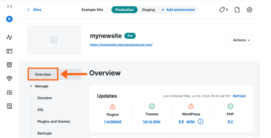 wpengine site info dashboard