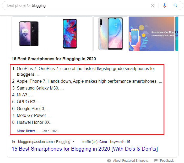 number list featured snippets