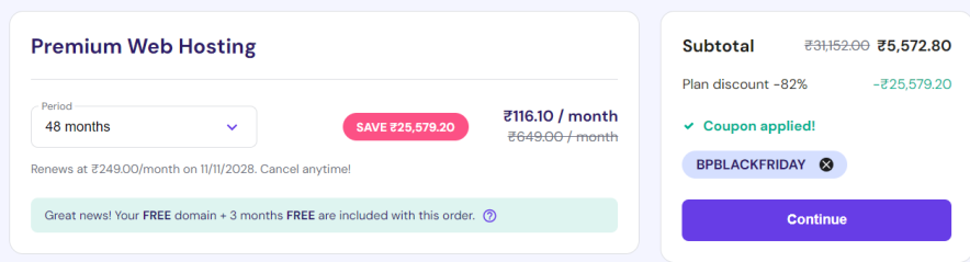 black friday coupon applied hostinger