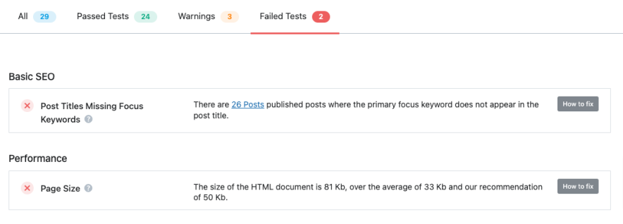 Rank Math SEO Fail Tests
