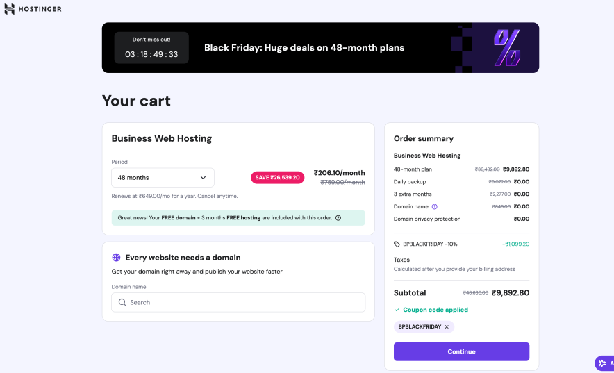 hostinger business plan pricing after coupon