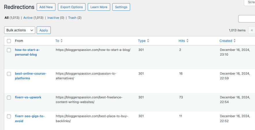 Rank Math Redirection Settings