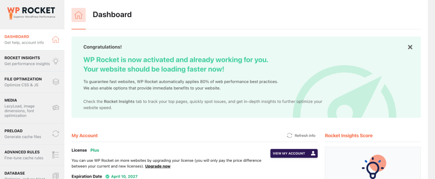 WP Rocket dashboard