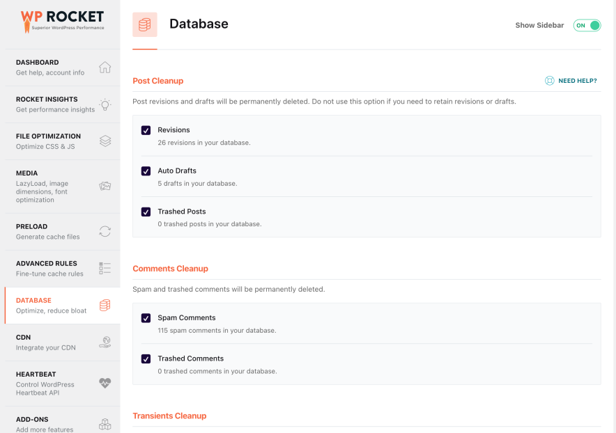 WP Rocket database tab