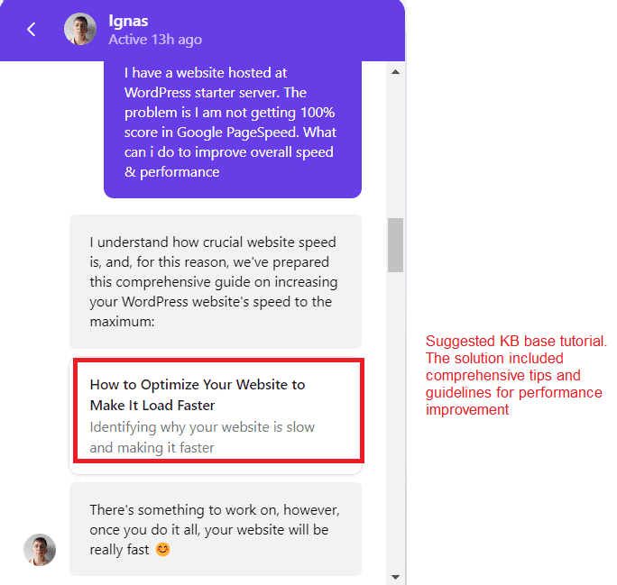 hostinger agent suggested to get a solution via knowledge base