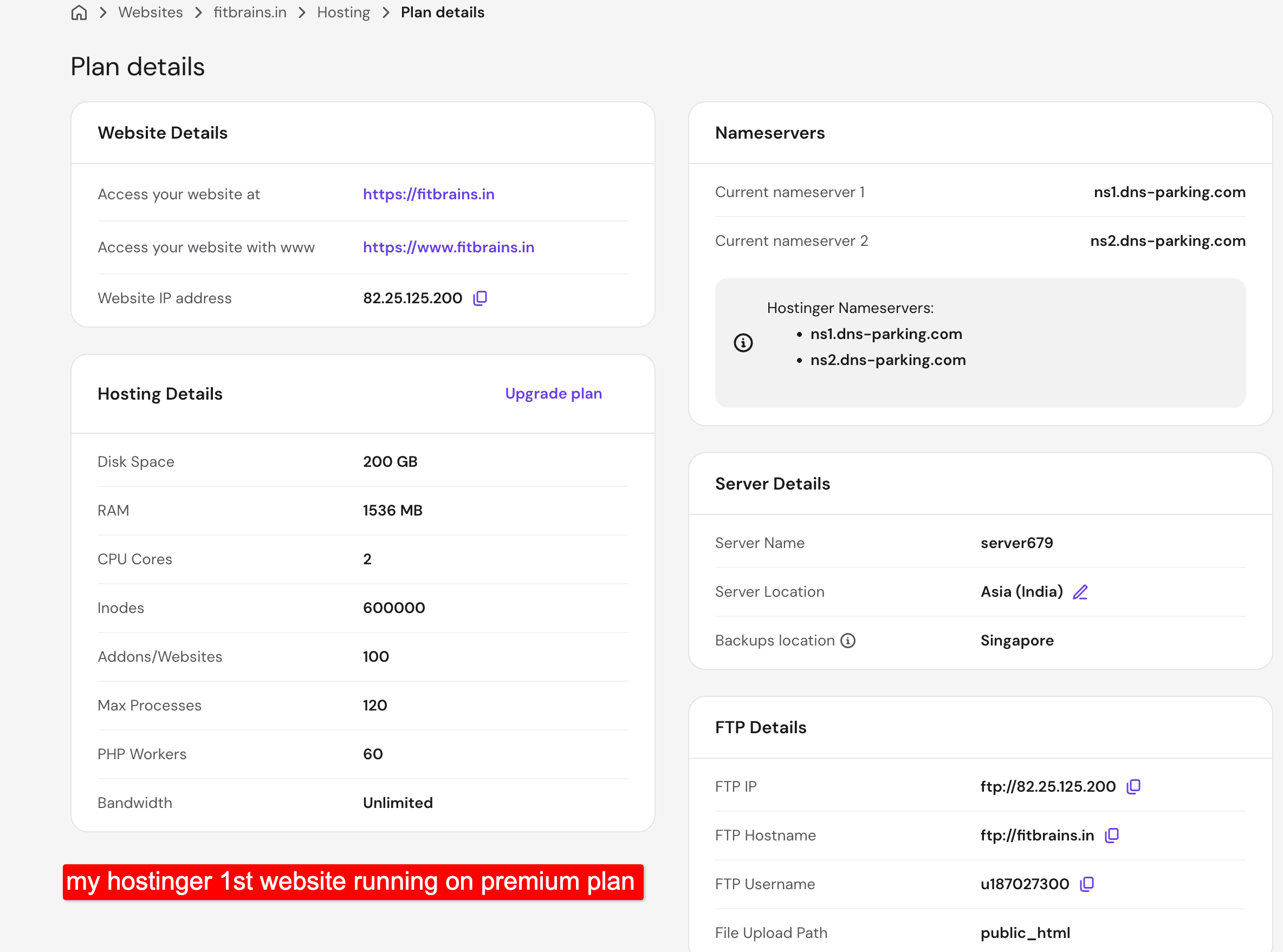 my hostinger 1st website running on premium plan