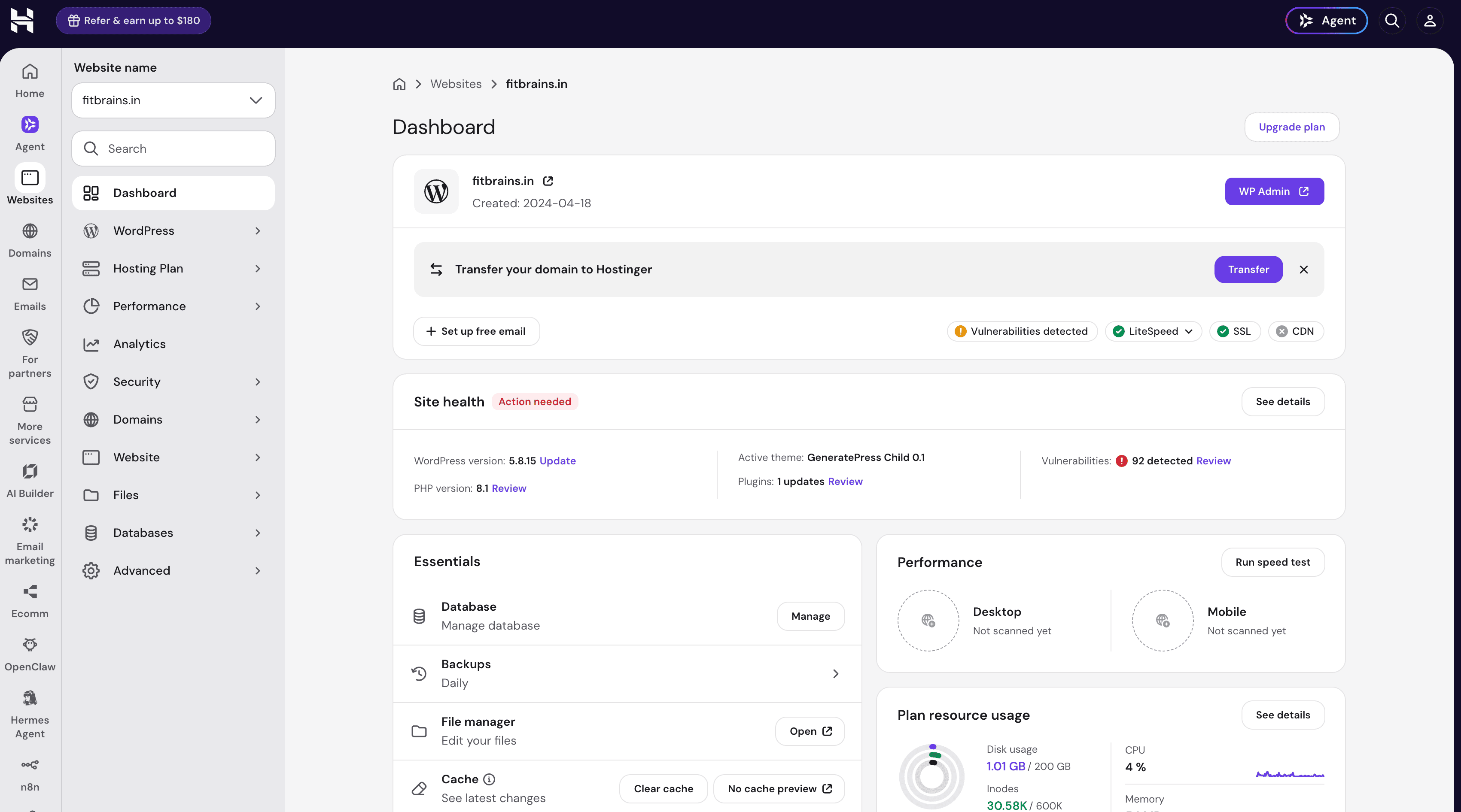 my hostinger hPanel user interface