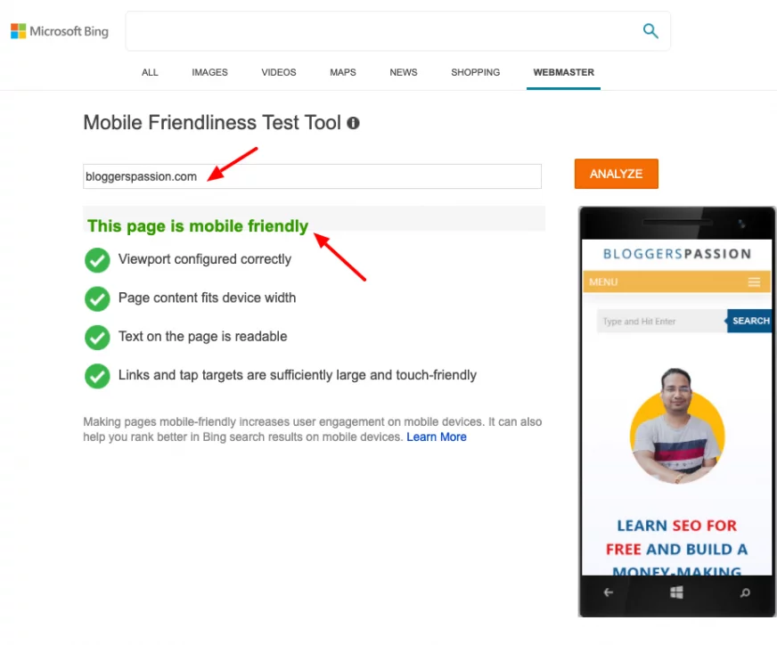 bing mobile-friendliness test tool