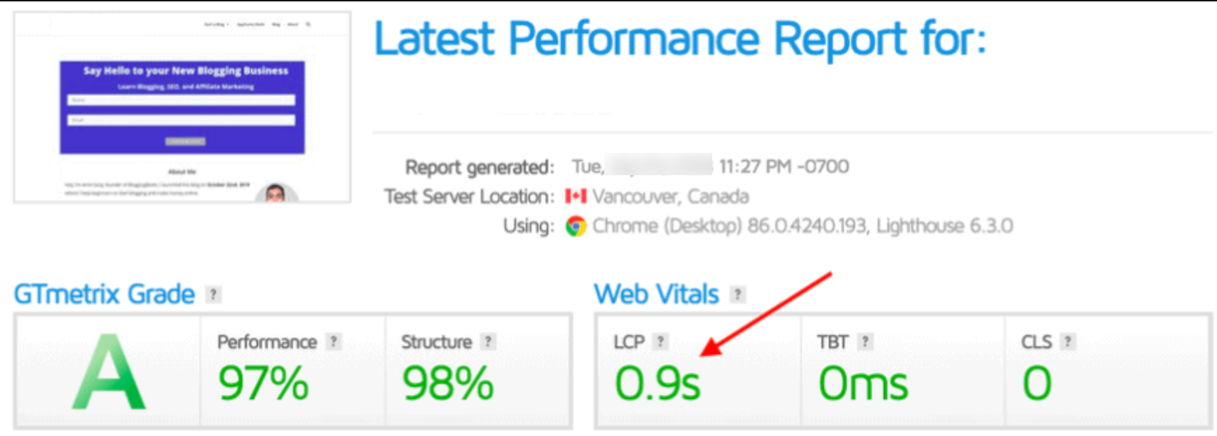 bluehost performance shown in gtmetrix tool