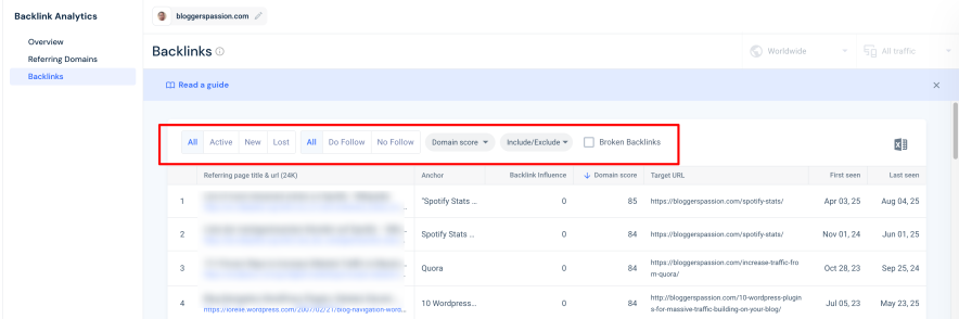 similarweb let me know the number of lost and gained backlinks over a period of time
