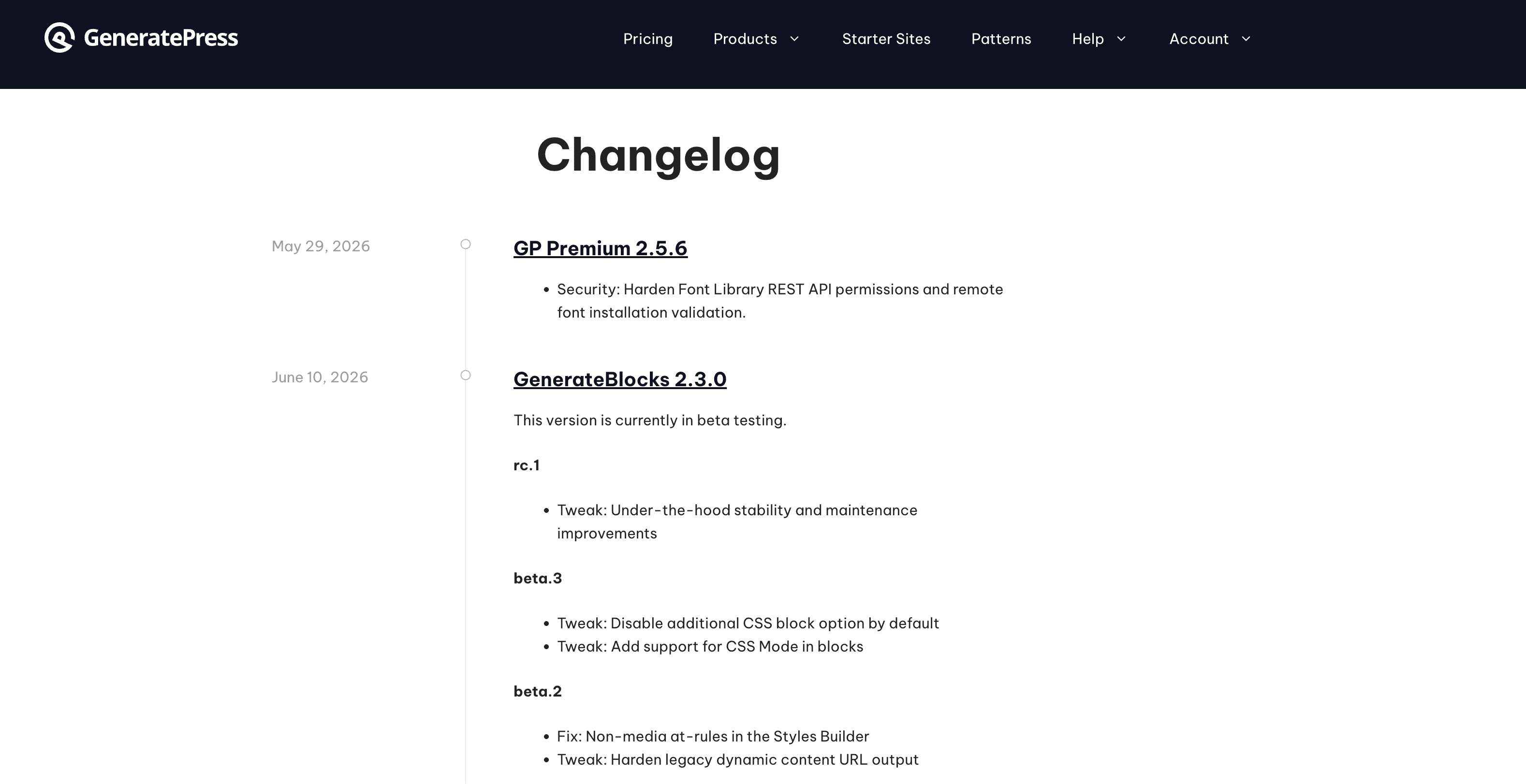 changelog of generatepress