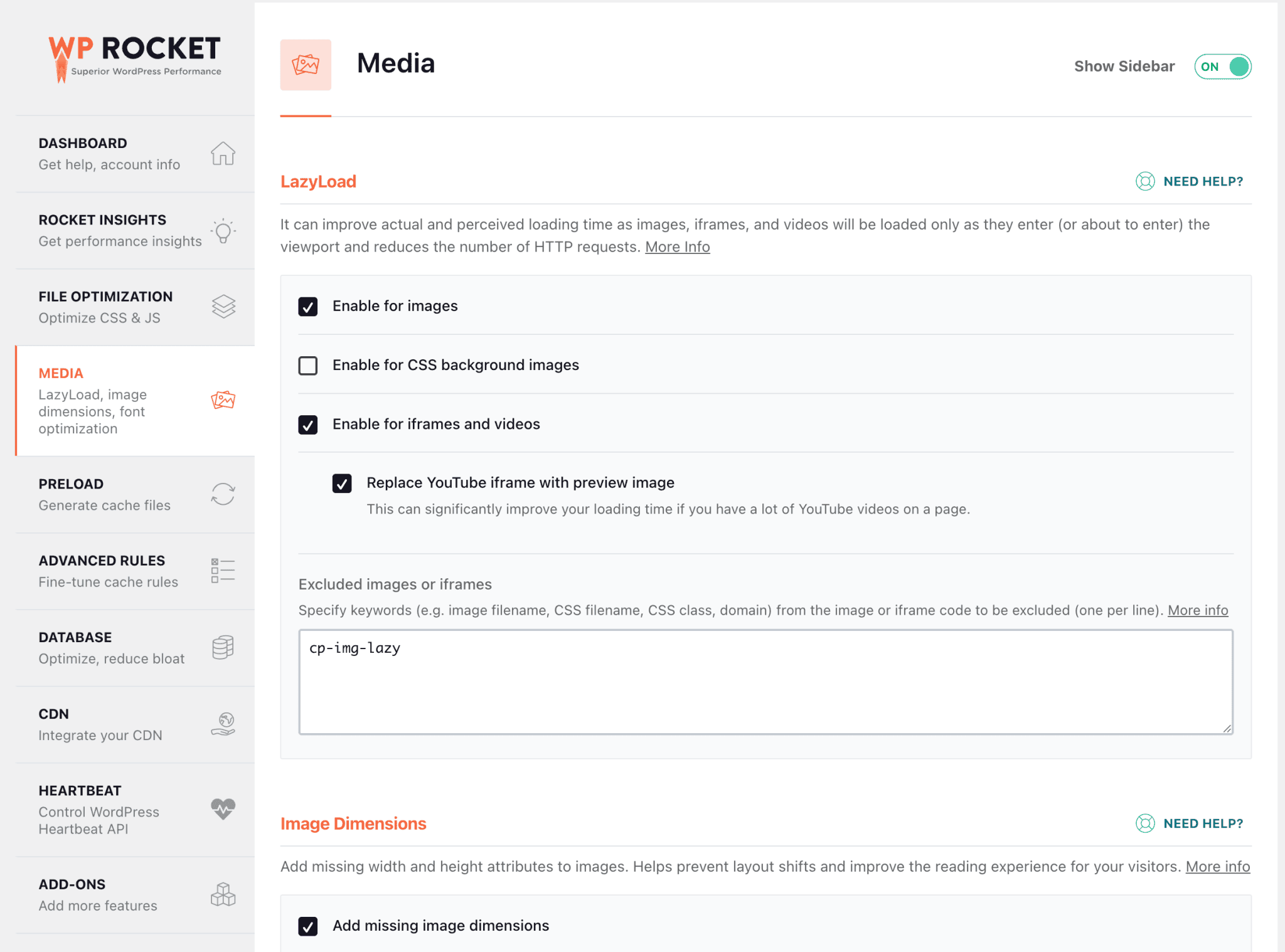 lazy load settings in wprocket