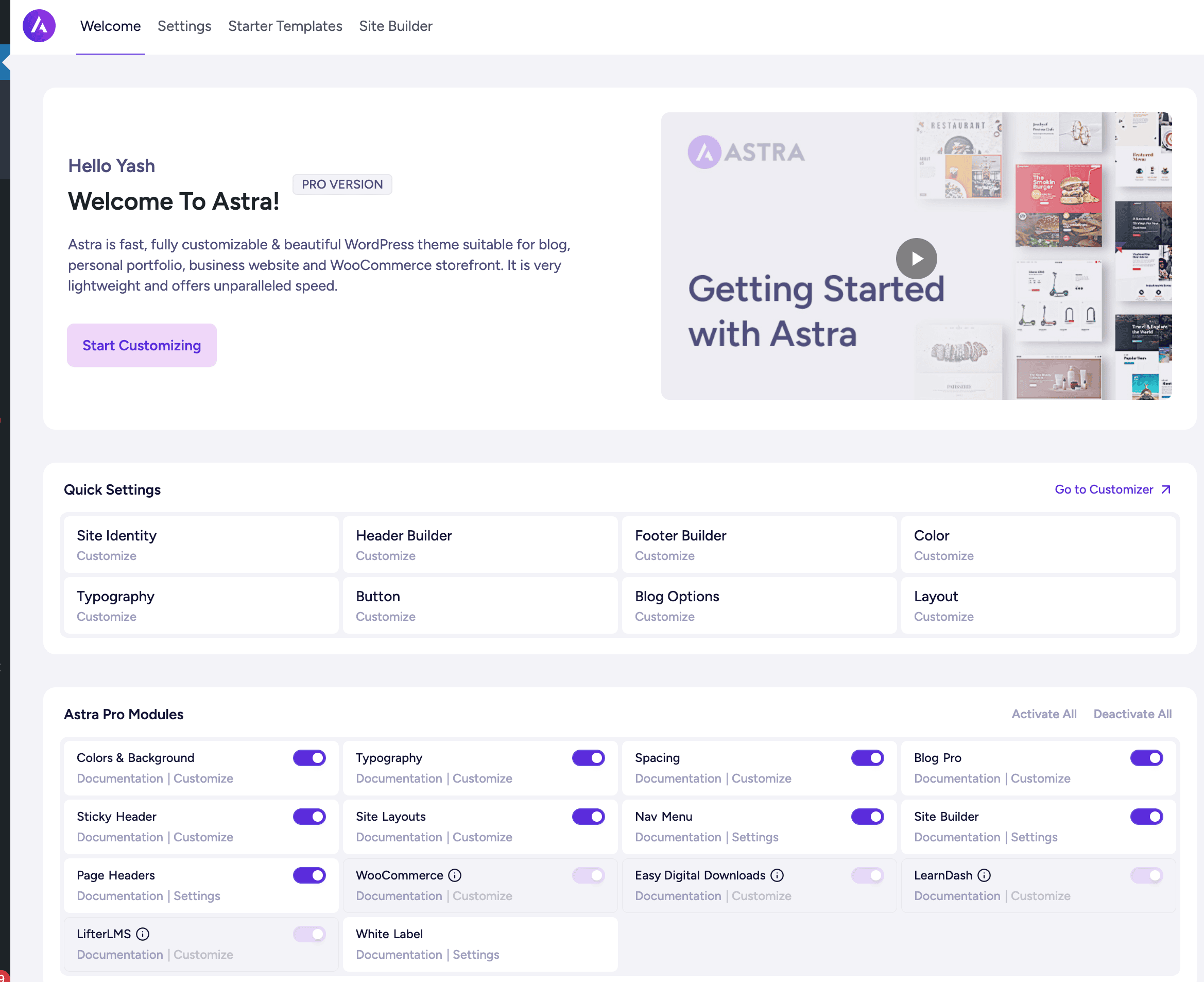 astra dashboard on my bloggerspassion website