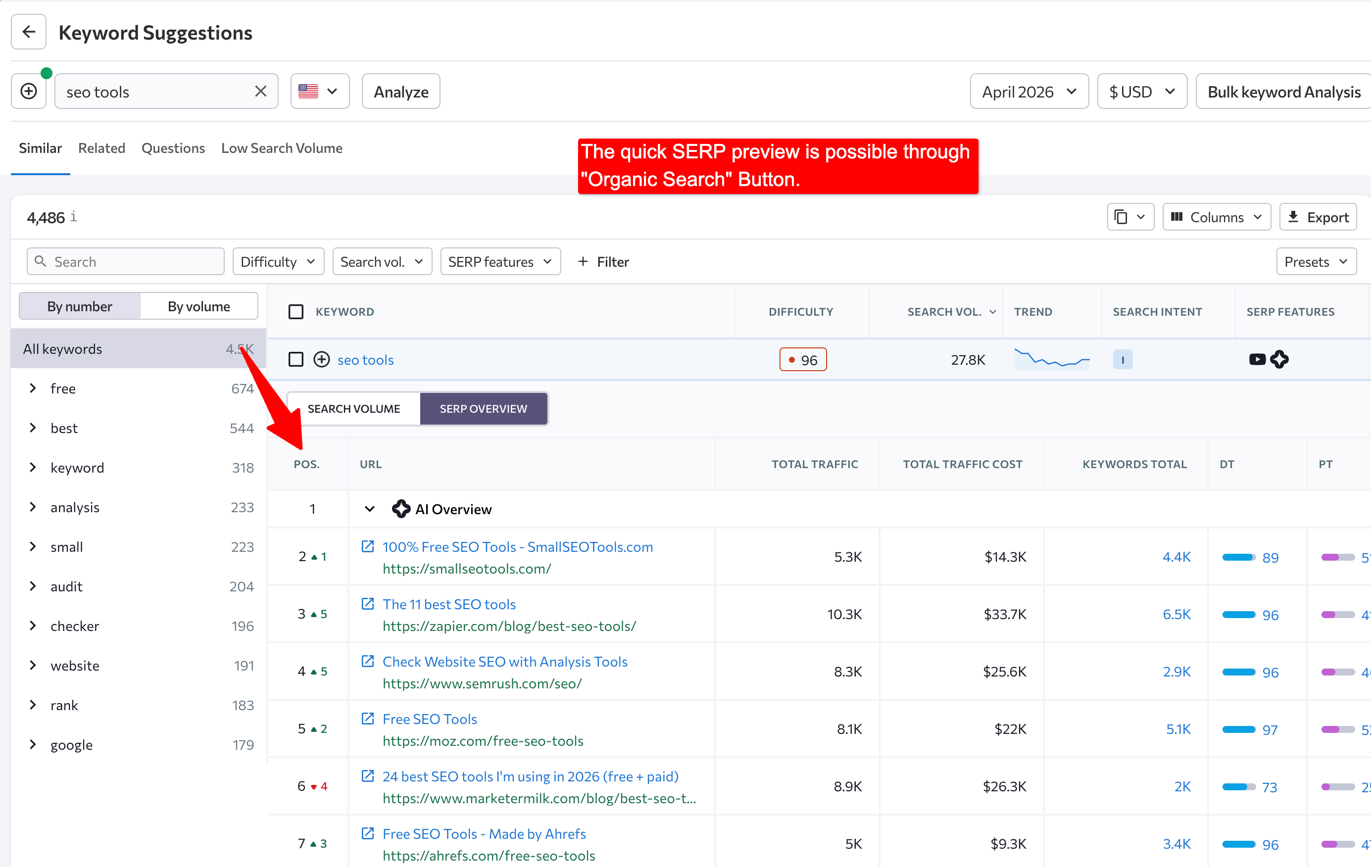 The quick serp preview is possible within se ranking keyword suggestion tool