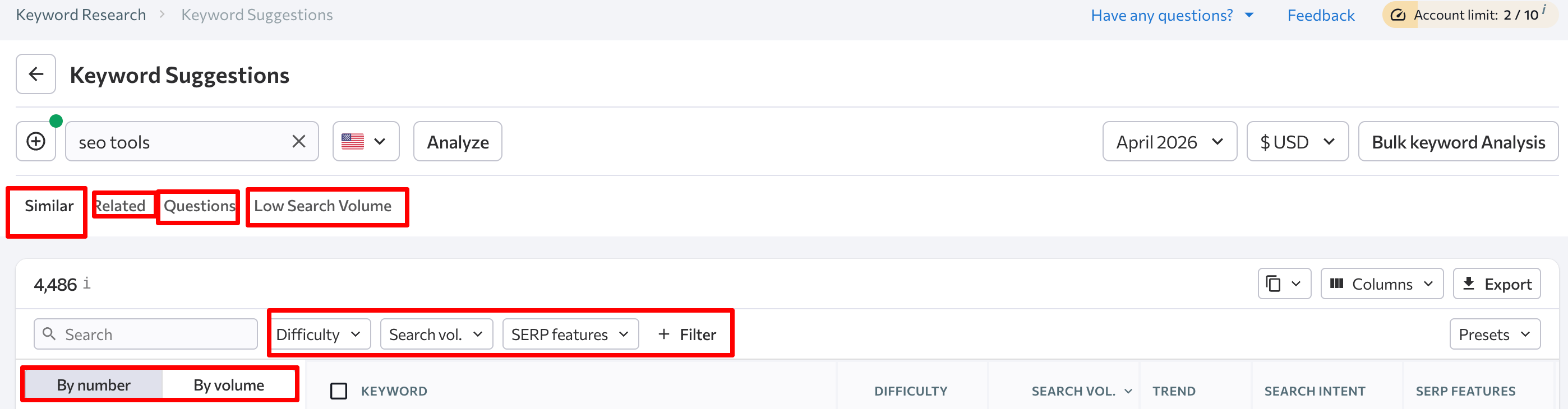 filters available in se ranking keyword research tool
