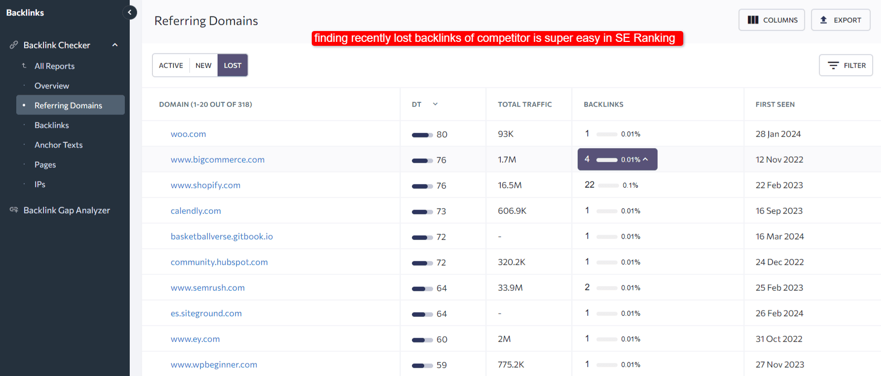 finding recently lost backlinks of competitor is super easy in SE Ranking