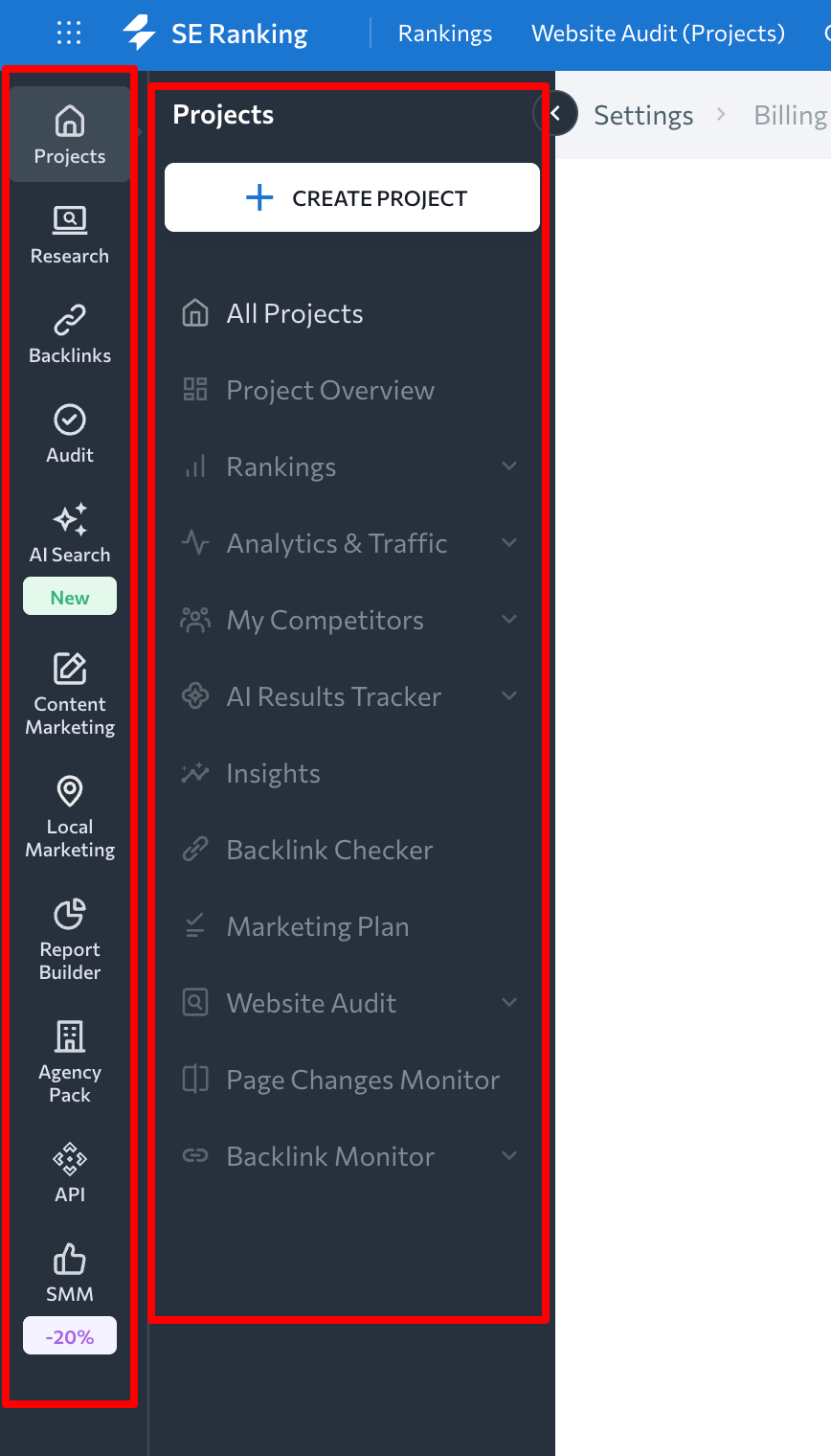 sidebar UI of se ranking - simple and straightforward