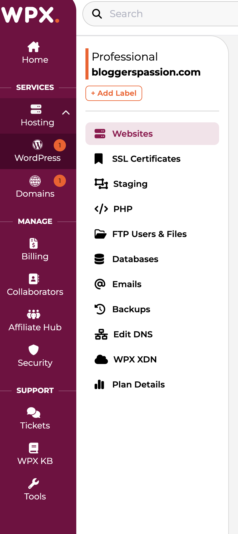 access to most common hosting tools is always available at the left sticky sidebar