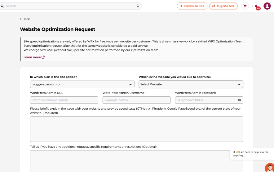 fill the free site speed optimization form service provided by wpx