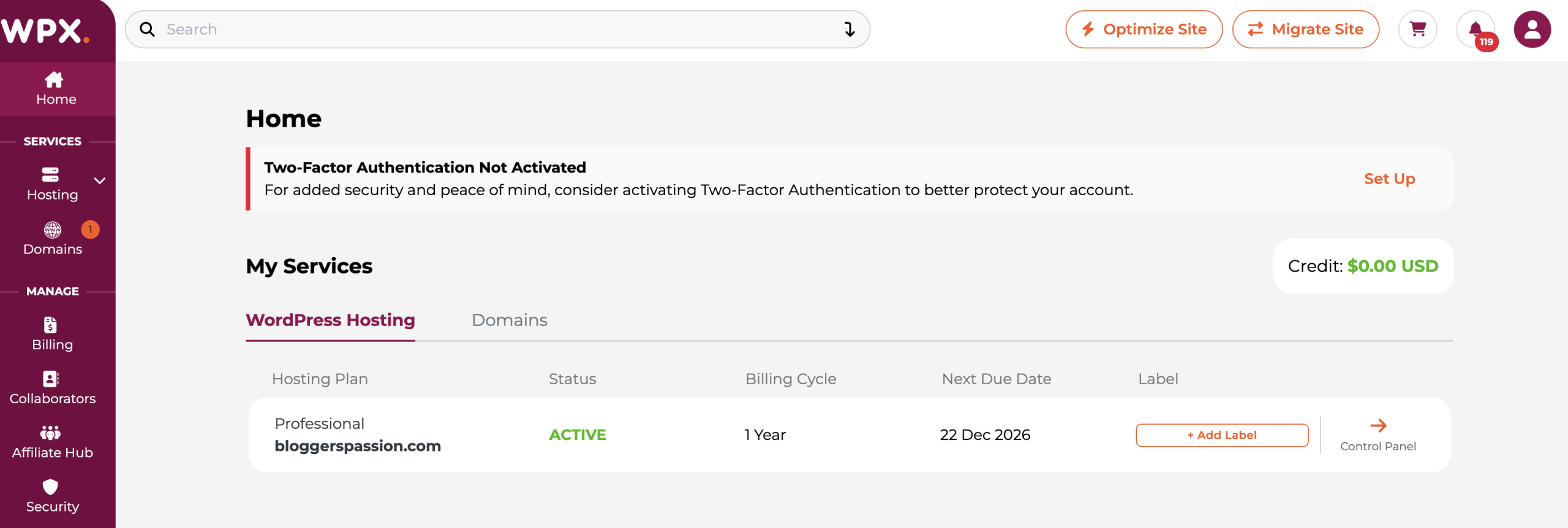 my wpx hosted website dashboard