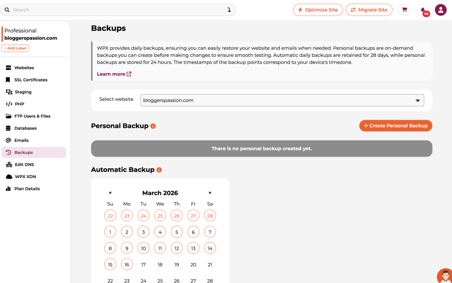 wpx automated backup service - they retained automated backups for the last 28 days