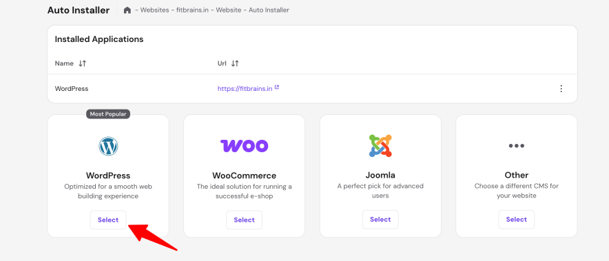 tap on the select button under the WordPress CMS