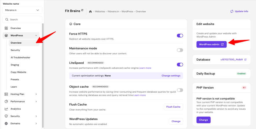 wordpress dashboard hostinger