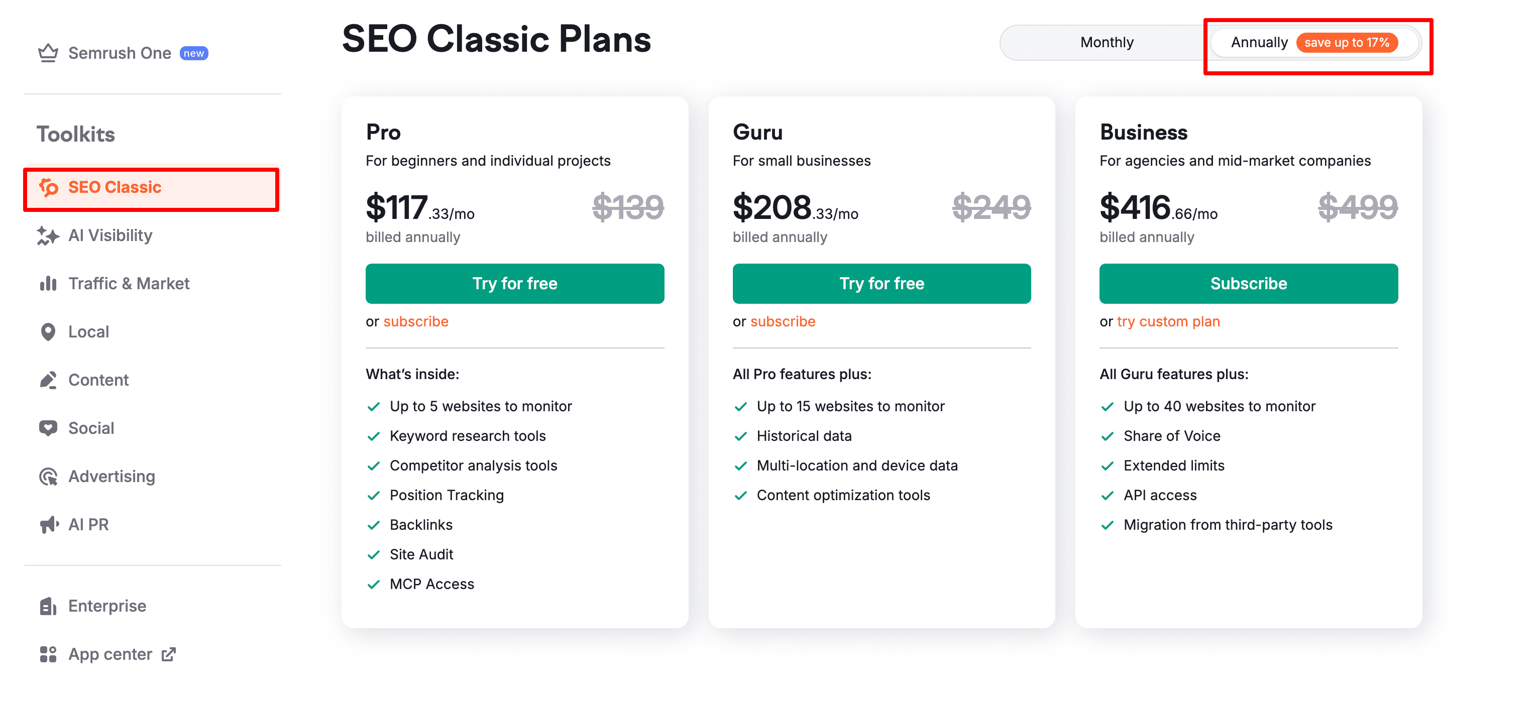 activate 17% off on Semrush seo classic plans