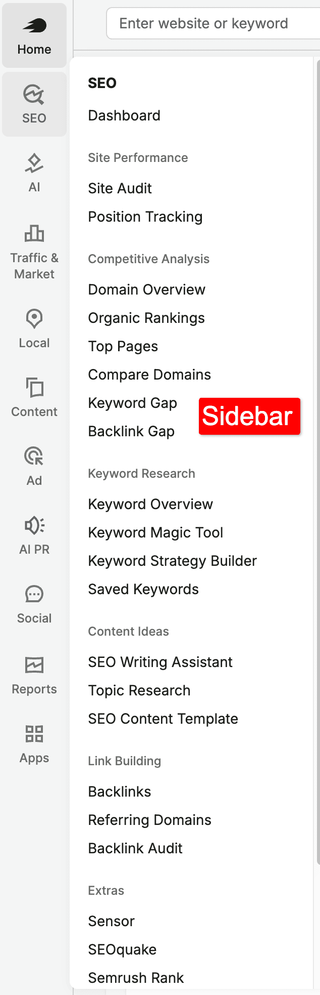 user experience of semrush - sidebar