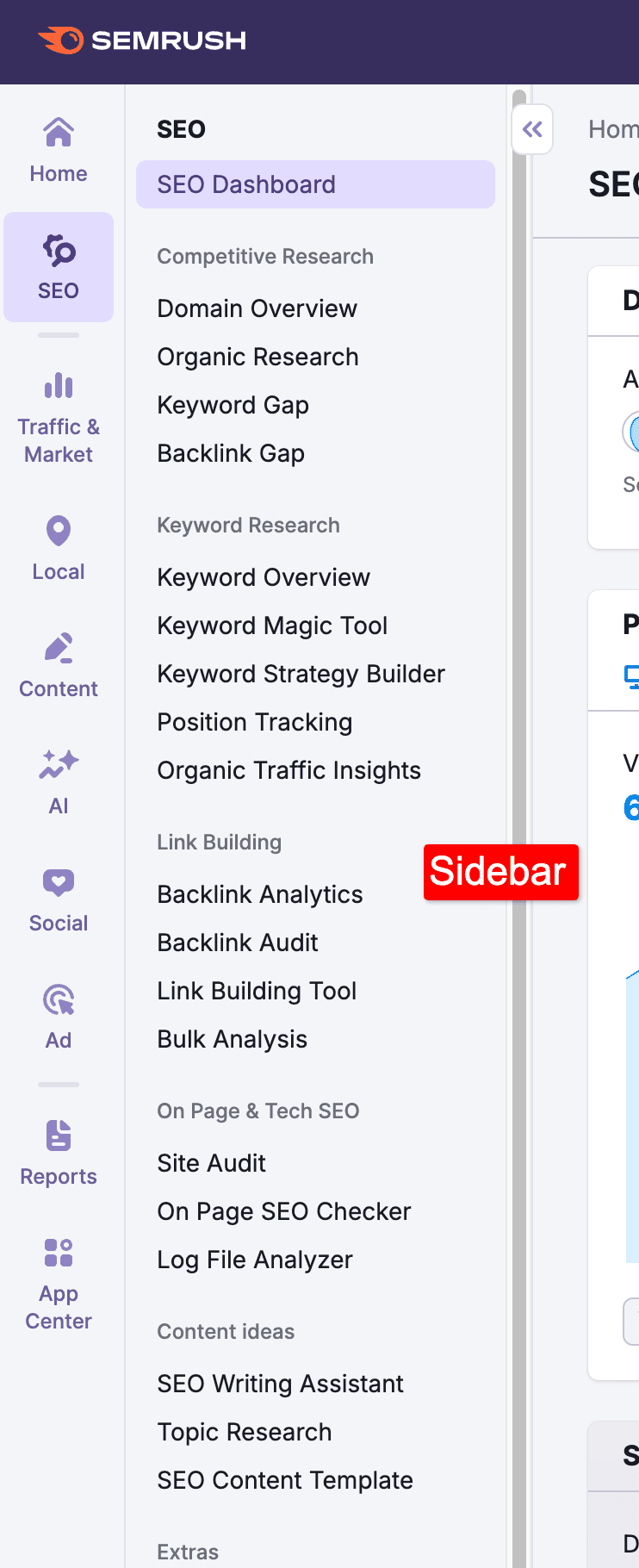 user experience of semrush - sidebar