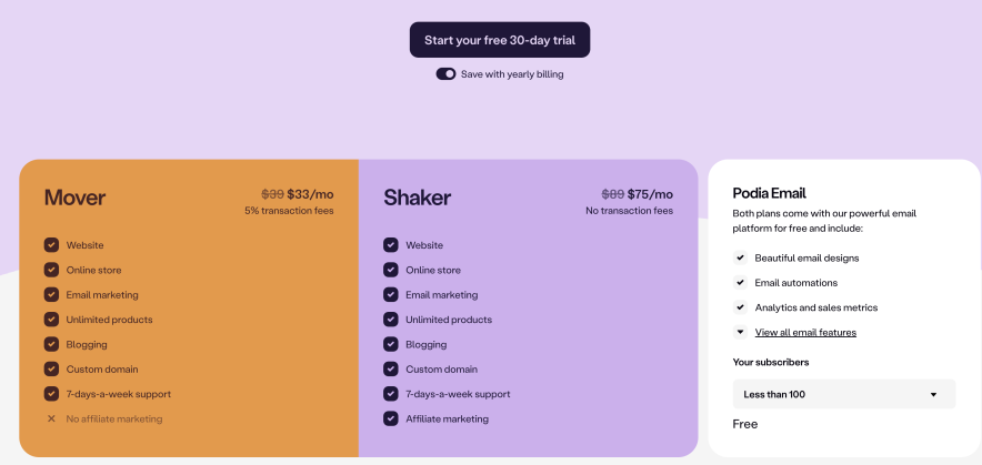 podia pricing