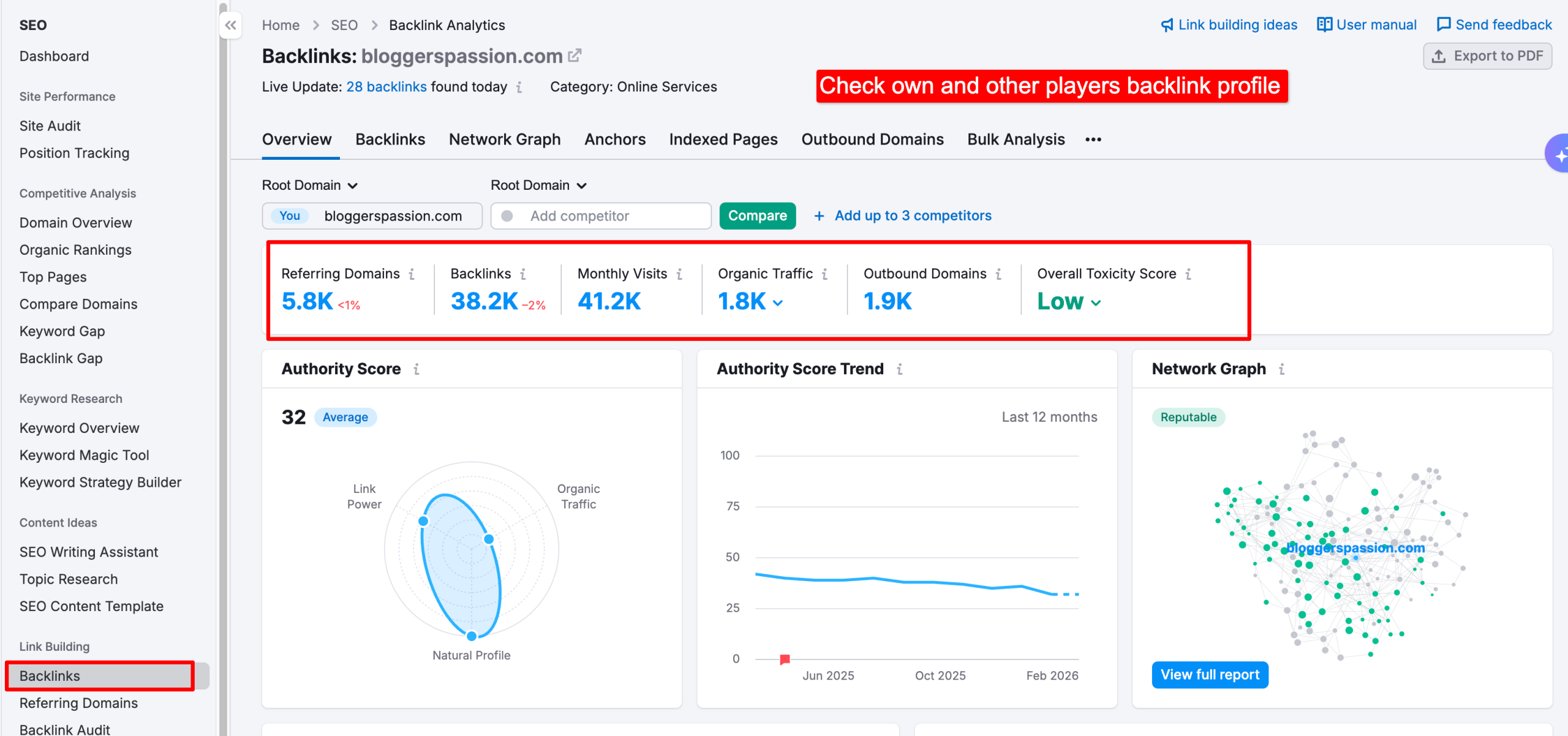 Check your or competitor backlink profile