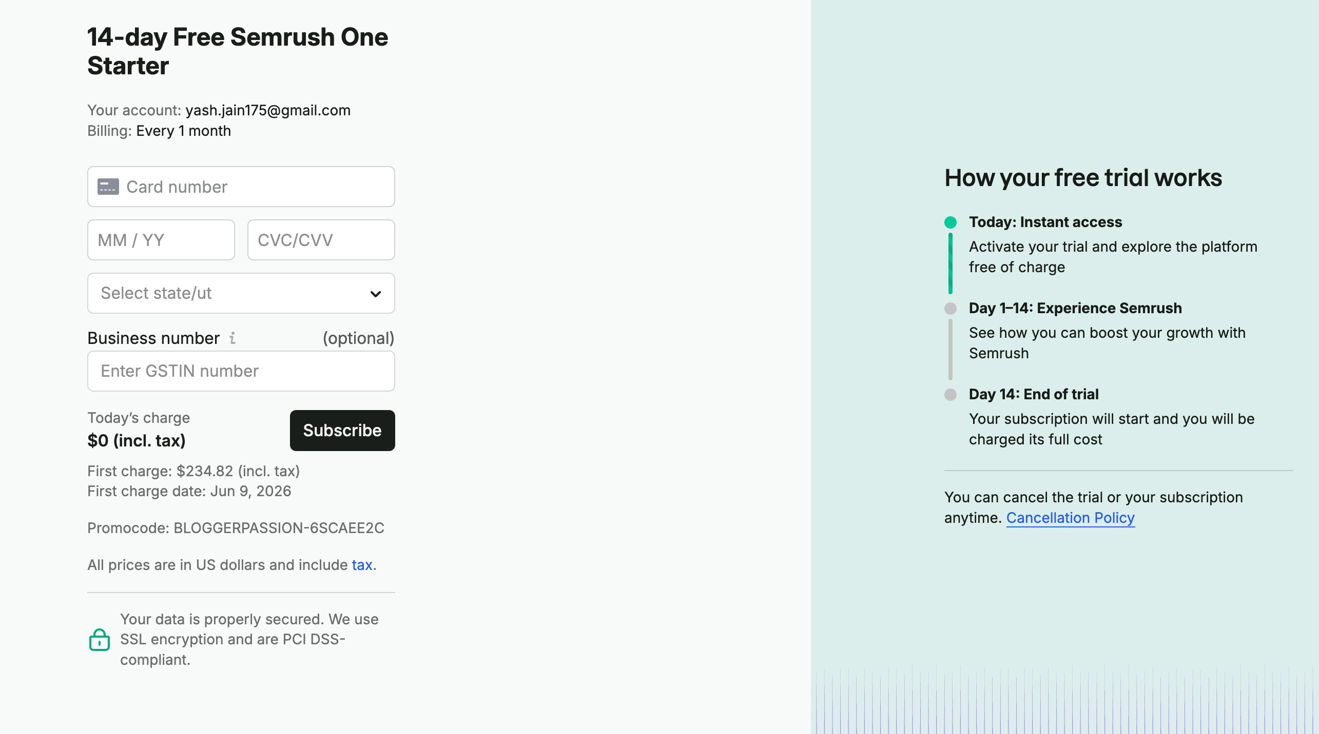 Step 3- Checkout with your free trial