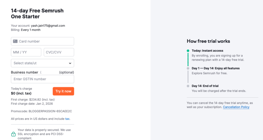 Step 3- Checkout with your free trial