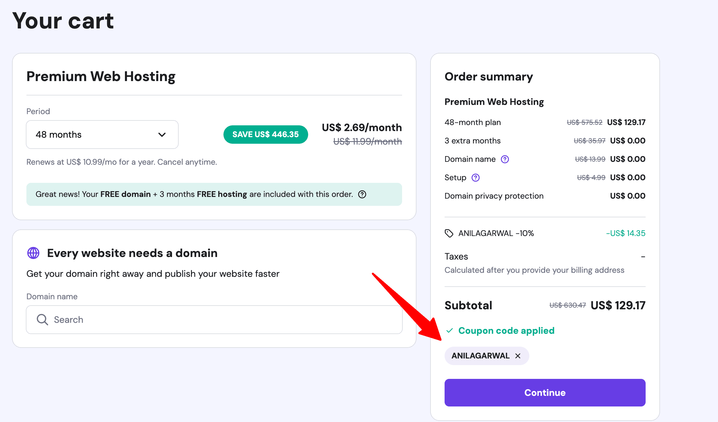 hostinger coupon code applied