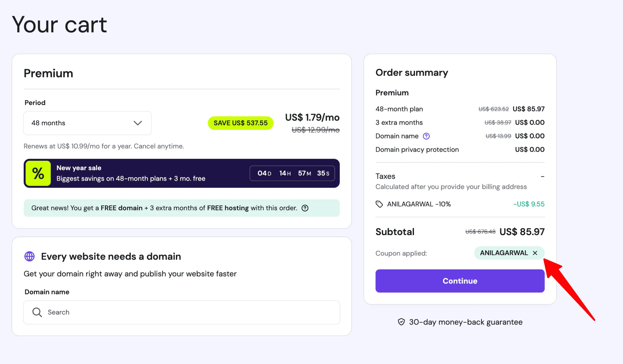 hostinger coupon code applied