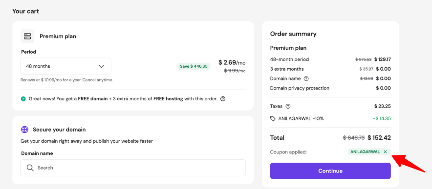 hostinger coupon code applied