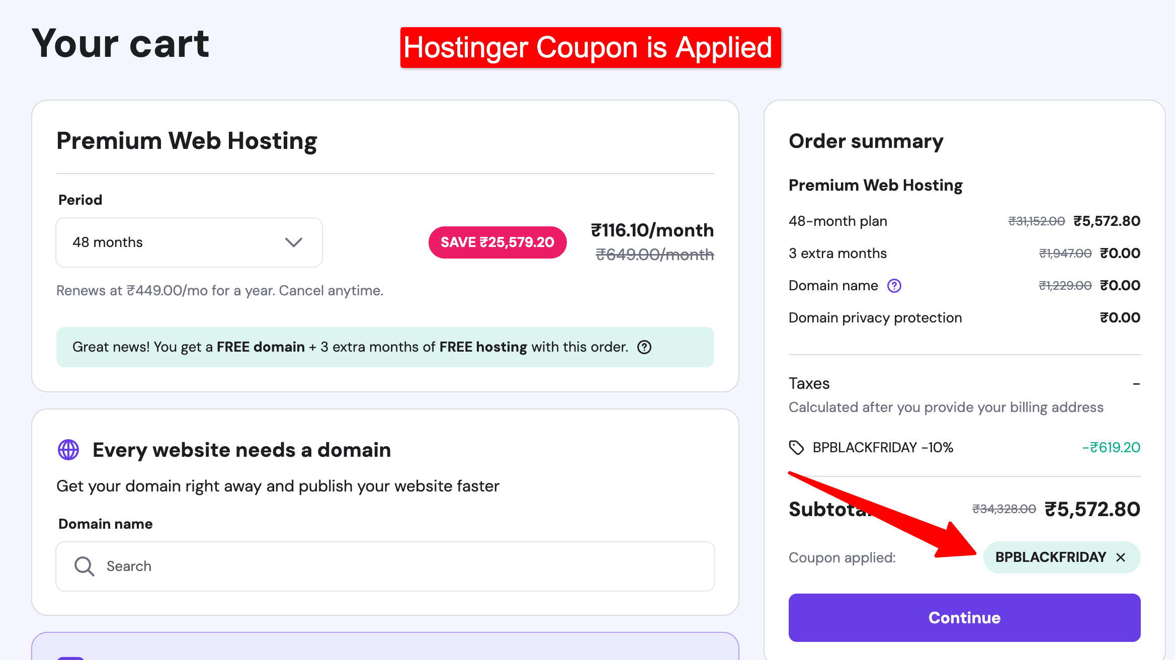 hostinger coupon code is applied