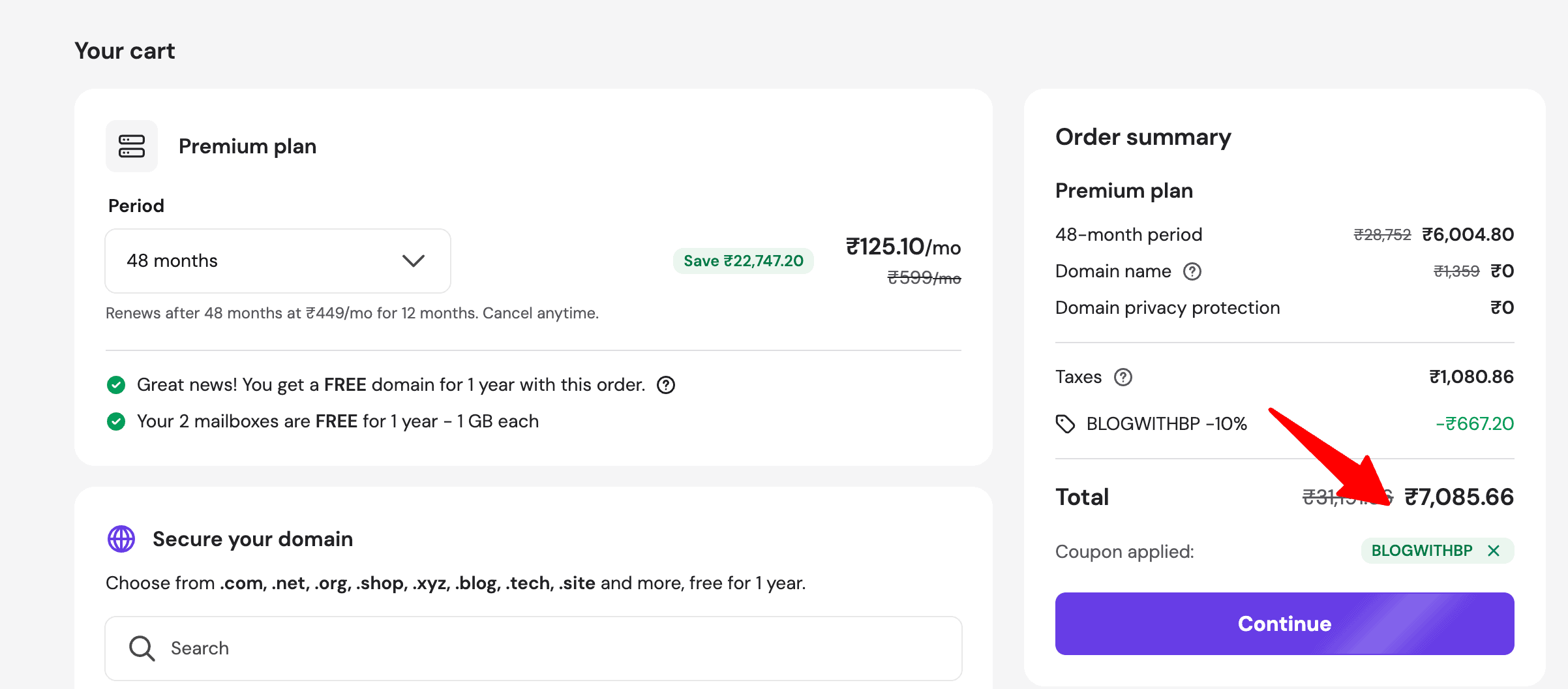 hostinger coupon india is applied