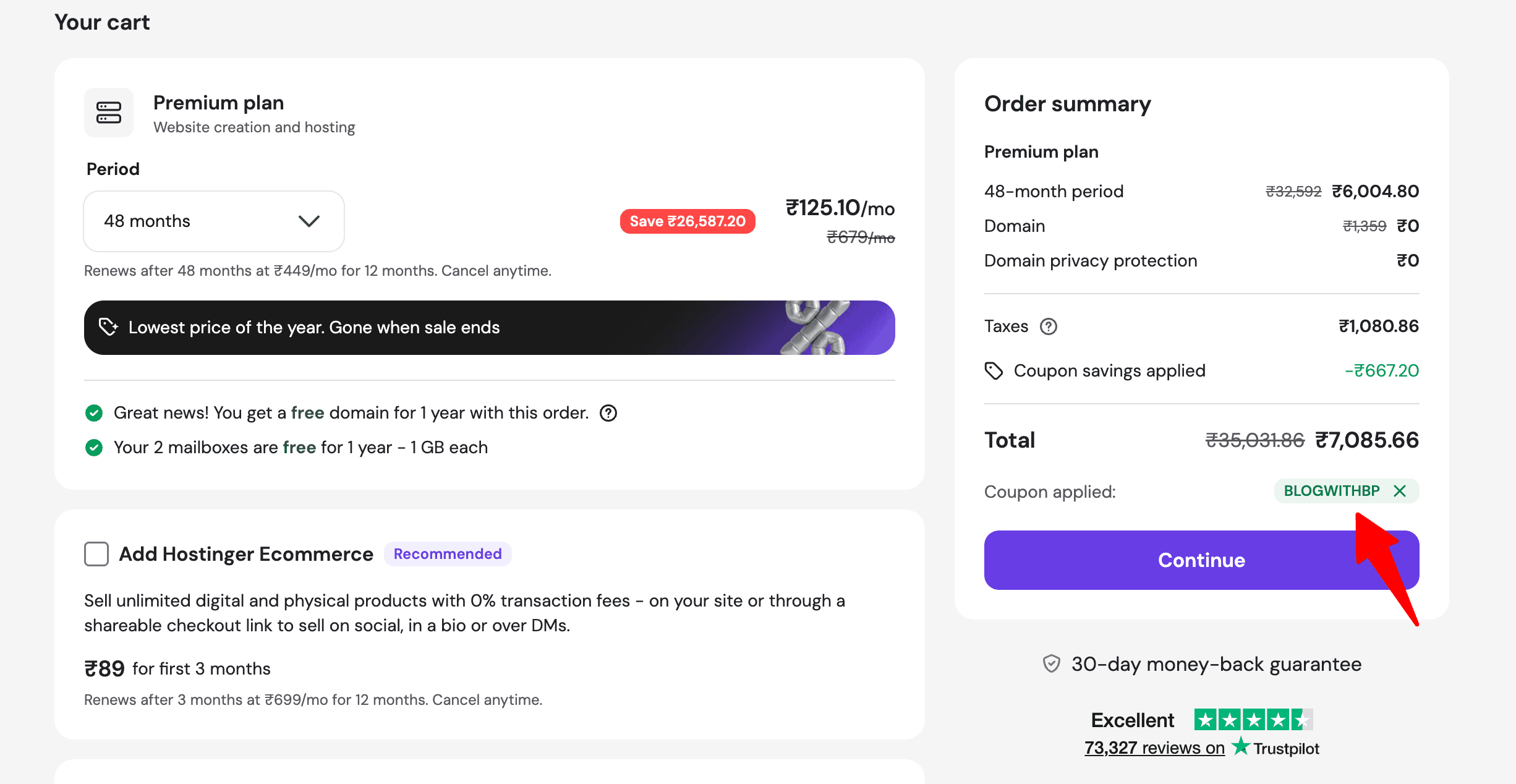hostinger coupon india is applied