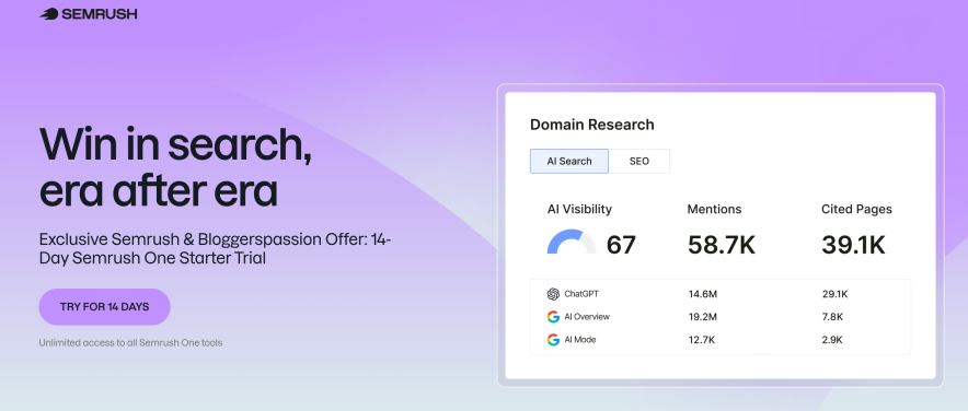 semrush one trial is available for 14 days